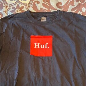 HUF Black Tee with Vibrant Red Square Logo